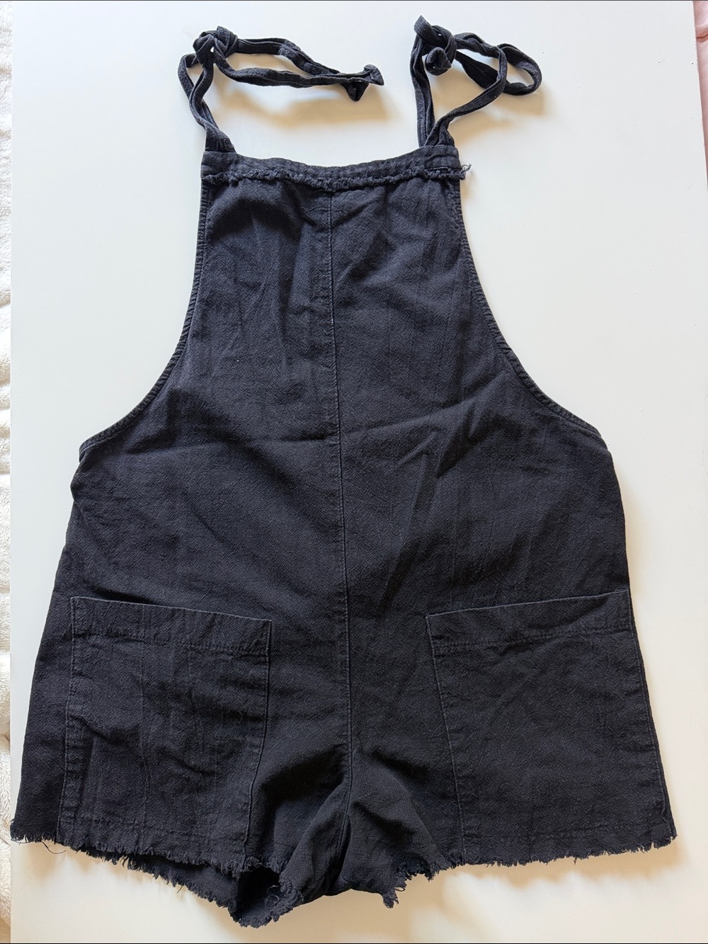 Black Tie-Shoulder Denim Romper Shorts